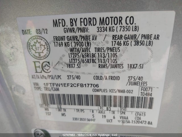 12707953 :رقم المزاد ، 1FTFW1EF2CFB17706 vin ، 2012 Ford F-150 Xlt مزاد بيع