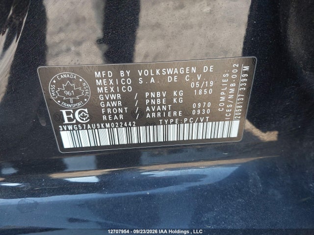 Volkswagen Golf 2019 3VWG57AU9KM022442 Image 9