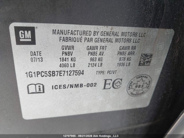 12707955 :رقم المزاد ، 1G1PC5SB7E7127594 vin ، 2014 Chevrolet Cruze 1lt مزاد بيع