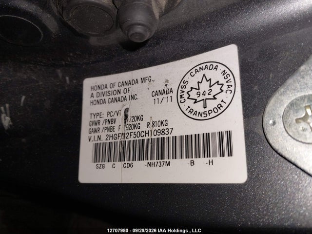 12707980 :رقم المزاد ، 2HGFB2F50CH109837 vin ، 2012 Honda Civic مزاد بيع