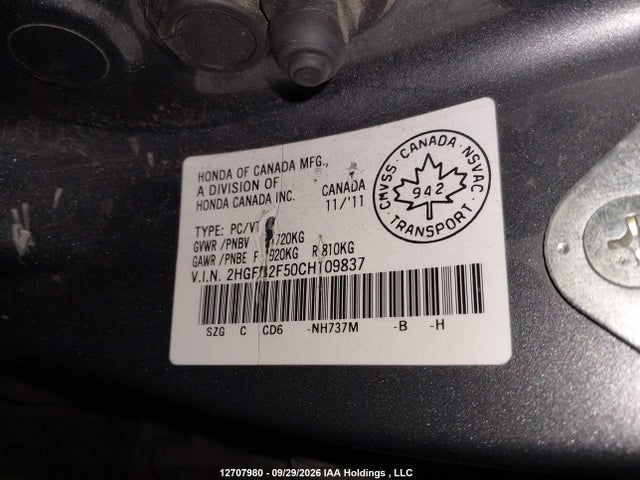 12707980 :رقم المزاد ، 2HGFB2F50CH109837 vin ، 2012 Honda Civic مزاد بيع