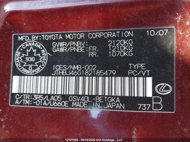 Продажа на аукционе авто 2008 Lexus Es350, vin: JTHBJ46G182185479, номер лота: 12707985