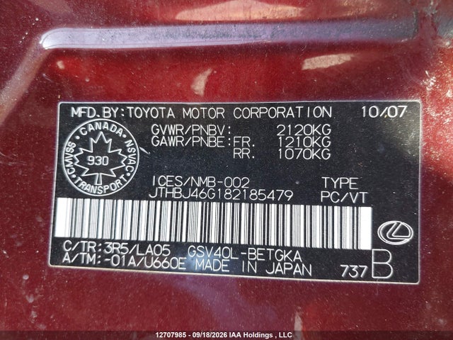 Продажа на аукционе авто 2008 Lexus Es350, vin: JTHBJ46G182185479, номер лота: 12707985