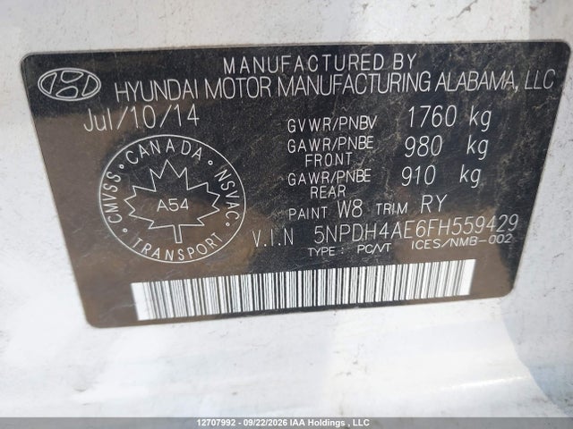 2015 Hyundai Elantra Se/sport/limited მანქანა იყიდება აუქციონზე, vin: 5NPDH4AE6FH559429, აუქციონის ნომერი: 12707992