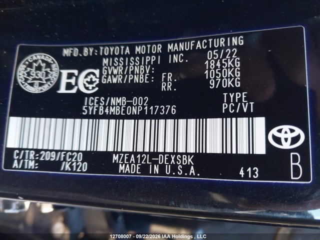 Toyota COROLLA SE 2022 5YFB4MBE0NP117376 Image 9