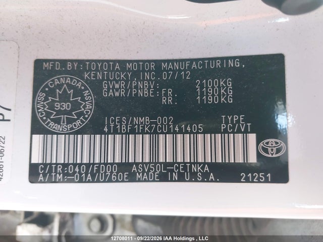 2012 Toyota Camry Se/le/xle მანქანა იყიდება აუქციონზე, vin: 4T1BF1FK7CU141405, აუქციონის ნომერი: 12708011