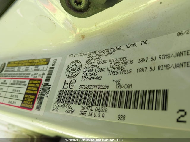 12708020 :رقم المزاد ، 5TFLA5GD9PX002296 vin ، 2023 Toyota Tundra Sr5 مزاد بيع