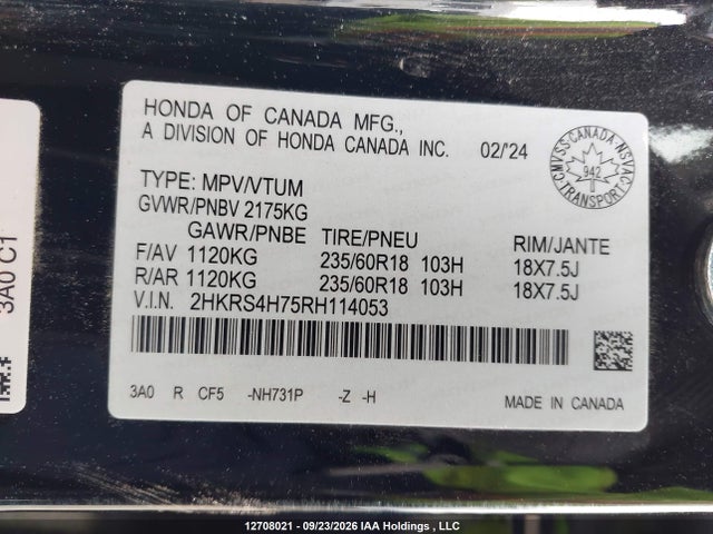 2024 Honda Cr-v Ex-l მანქანა იყიდება აუქციონზე, vin: 2HKRS4H75RH114053, აუქციონის ნომერი: 12708021