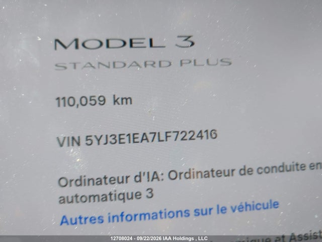 12708024 :رقم المزاد ، 5YJ3E1EA7LF722416 vin ، 2020 Tesla Model 3 مزاد بيع
