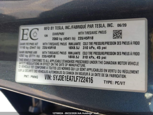 12708024 :رقم المزاد ، 5YJ3E1EA7LF722416 vin ، 2020 Tesla Model 3 مزاد بيع
