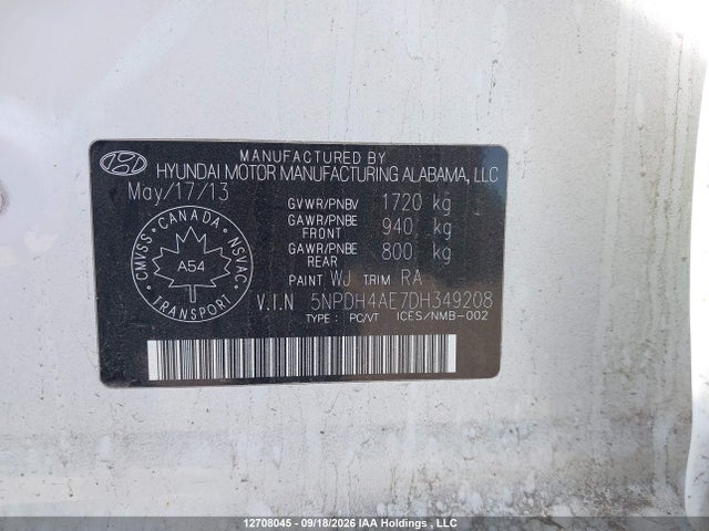 12708045 :رقم المزاد ، 5NPDH4AE7DH349208 vin ، 2013 Hyundai Elantra مزاد بيع