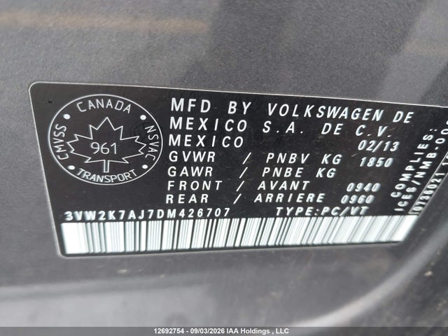 Продаж на аукціоні авто 2013 Volkswagen Jetta 2.0l Trendline/2.0l Trendline+, vin: 3VW2K7AJ7DM426707, номер лоту: 12692754