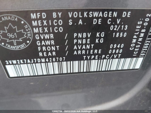 Продаж на аукціоні авто 2013 Volkswagen Jetta 2.0l Trendline/2.0l Trendline+, vin: 3VW2K7AJ7DM426707, номер лоту: 12692754