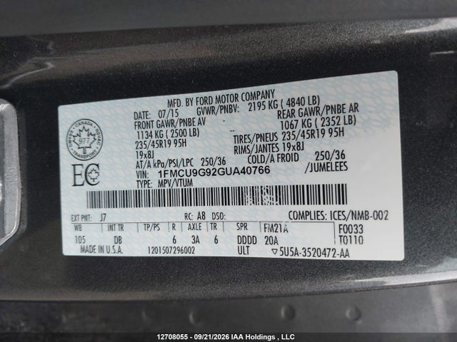 2016 Ford Escape Se მანქანა იყიდება აუქციონზე, vin: 1FMCU9G92GUA40766, აუქციონის ნომერი: 12708055