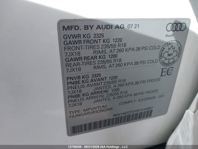 Aukcja sprzedaży 2022 Audi Q3 45 Komfort/45 Progressiv, vin: WA1AECF31N1014087, numer aukcji: 12708056