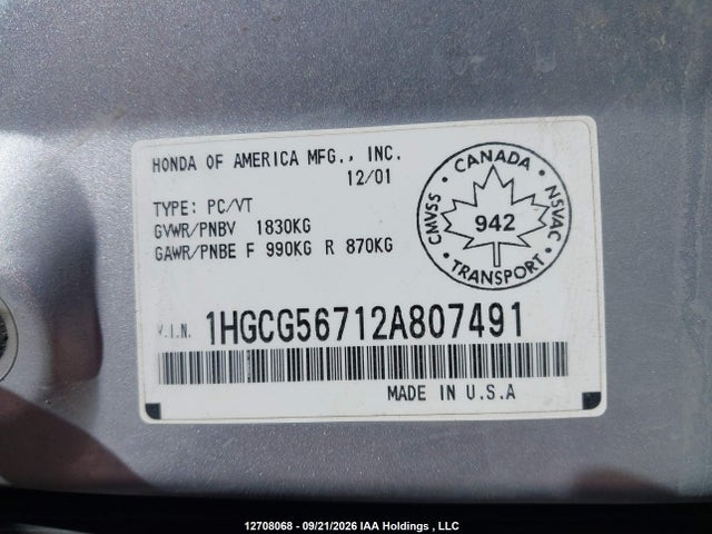 2002 Honda Accord Se მანქანა იყიდება აუქციონზე, vin: 1HGCG56712A807491, აუქციონის ნომერი: 12708068