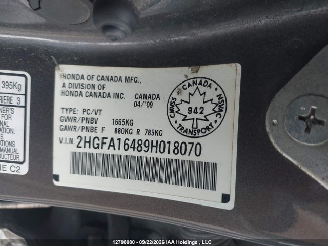 2009 Honda Civic Dx-g მანქანა იყიდება აუქციონზე, vin: 2HGFA16489H018070, აუქციონის ნომერი: 12708080