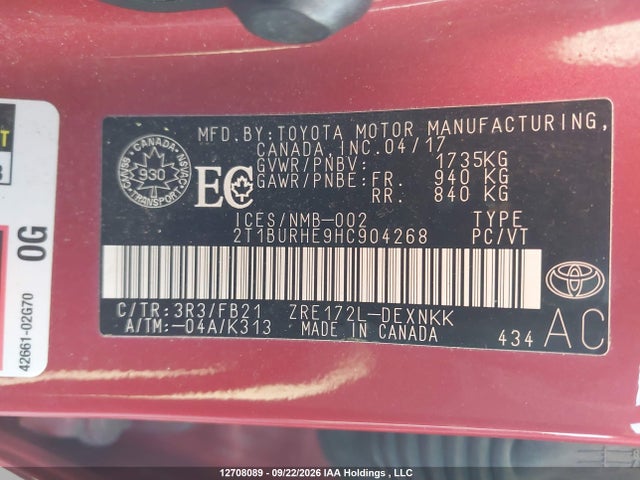Toyota Corolla 2017 2T1BURHE9HC904268 Image 9