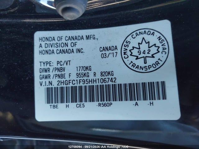 Honda Civic Touring 2017 2HGFC1F95HH106742 Image 9
