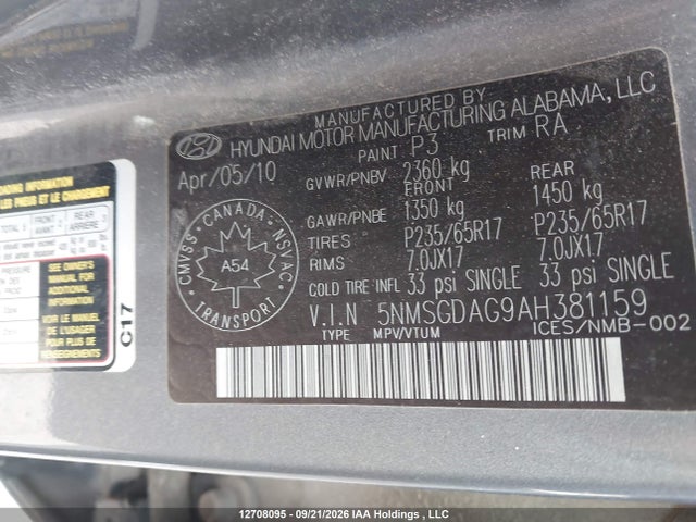 Aukcja sprzedaży 2010 Hyundai Santa Fe Gl 3.5, vin: 5NMSGDAG9AH381159, numer aukcji: 12708095
