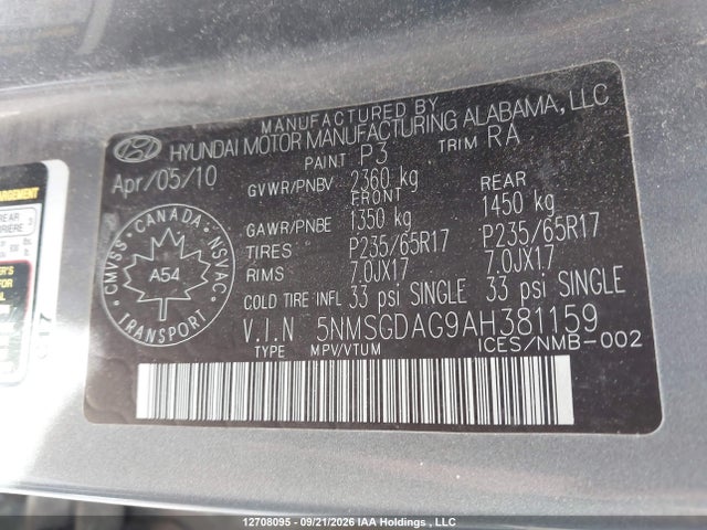 Aukcja sprzedaży 2010 Hyundai Santa Fe Gl 3.5, vin: 5NMSGDAG9AH381159, numer aukcji: 12708095