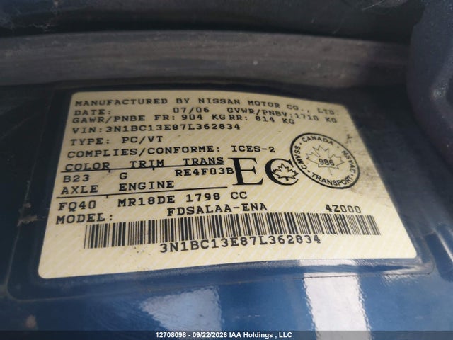 2007 Nissan Versa 1.8s მანქანა იყიდება აუქციონზე, vin: 3N1BC13E87L362834, აუქციონის ნომერი: 12708098