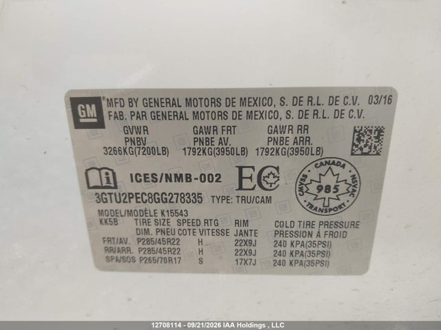 Aukcja sprzedaży 2016 Gmc Sierra 1500 Denali, vin: 3GTU2PEC8GG278335, numer aukcji: 12708114