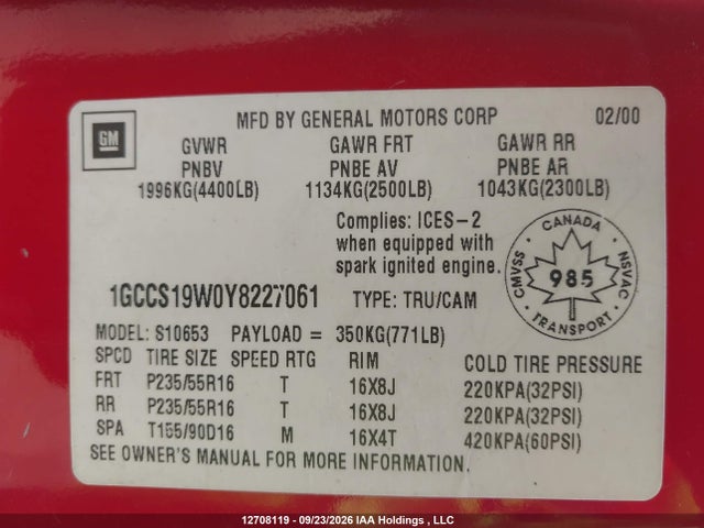 Продаж на аукціоні авто 2000 Chevrolet S-10 Ls, vin: 1GCCS19W0Y8227061, номер лоту: 12708119