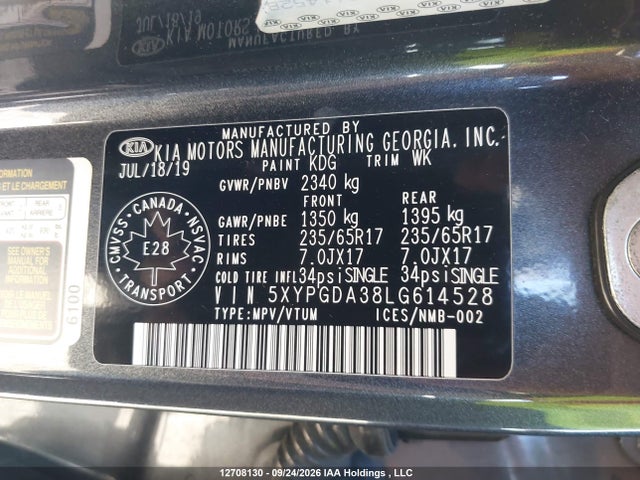 Aukcja sprzedaży 2020 Kia Sorento 2.4l Lx/2.4l Lx+/3.3l Lx+, vin: 5XYPGDA38LG614528, numer aukcji: 12708130