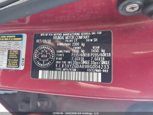 Auction sale of the 2011 Hyundai Santa Fe Gl 2.4 Premium, vin: 5XYZGDAB9BG004233, lot number: 12708145