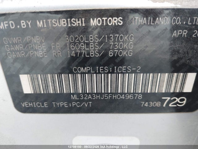 Продаж на аукціоні авто 2015 Mitsubishi Mirage De, vin: ML32A3HJ5FH049678, номер лоту: 12708150