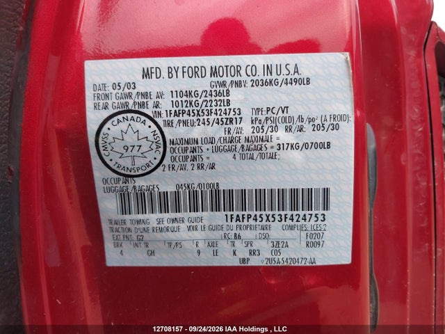 Aukcja sprzedaży 2003 Ford Mustang Gt, vin: 1FAFP45X53F424753, numer aukcji: 12708157