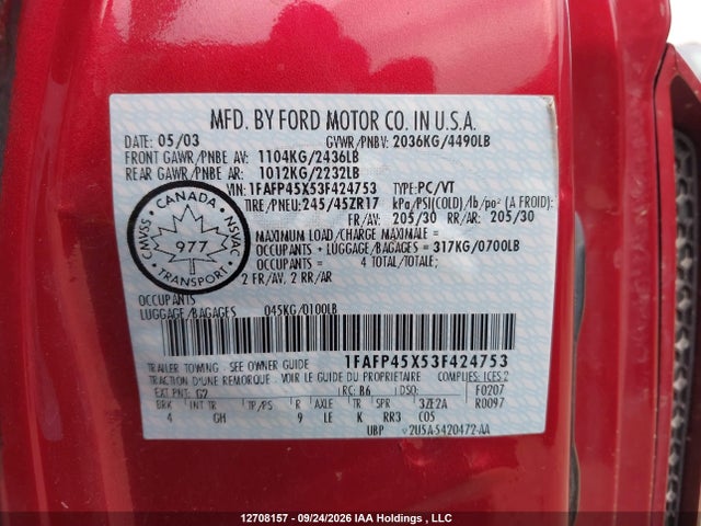 Aukcja sprzedaży 2003 Ford Mustang Gt, vin: 1FAFP45X53F424753, numer aukcji: 12708157