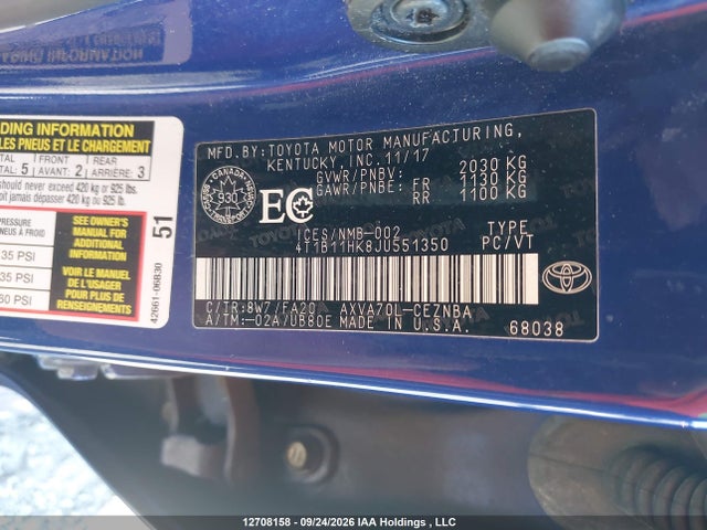 Aukcja sprzedaży 2018 Toyota Camry L/le/xle/se/xse, vin: 4T1B11HK8JU551350, numer aukcji: 12708158