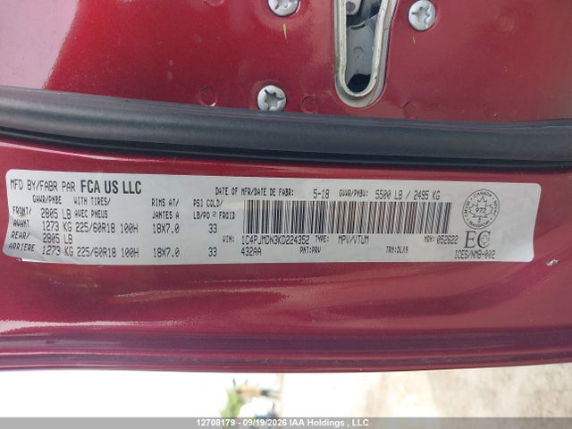 Aukcja sprzedaży 2019 Jeep Cherokee Limited, vin: 1C4PJMDN3KD224352, numer aukcji: 12708179
