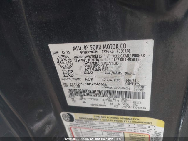 2013 Ford F-150 მანქანა იყიდება აუქციონზე, vin: 1FTFW1ET6DKD97936, აუქციონის ნომერი: 12708180