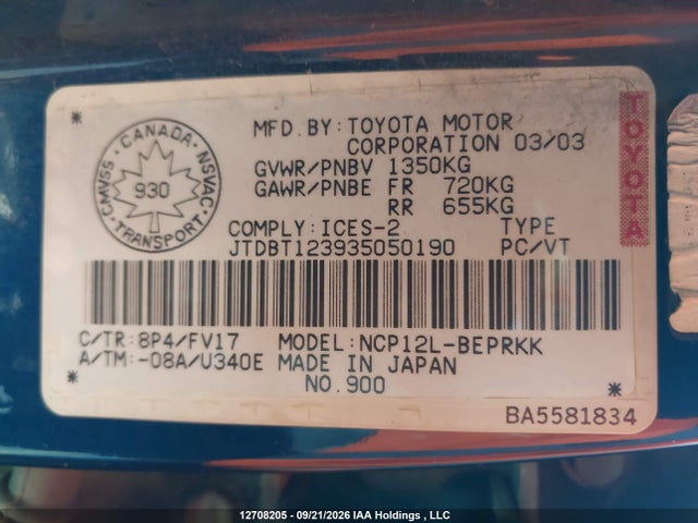 Продажа на аукционе авто 2003 Toyota Echo, vin: JTDBT123935050190, номер лота: 12708205