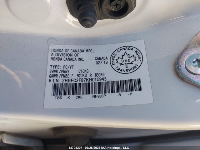 Продаж на аукціоні авто 2019 Honda Civic, vin: 2HGFC2F87KH015945, номер лоту: 12708207