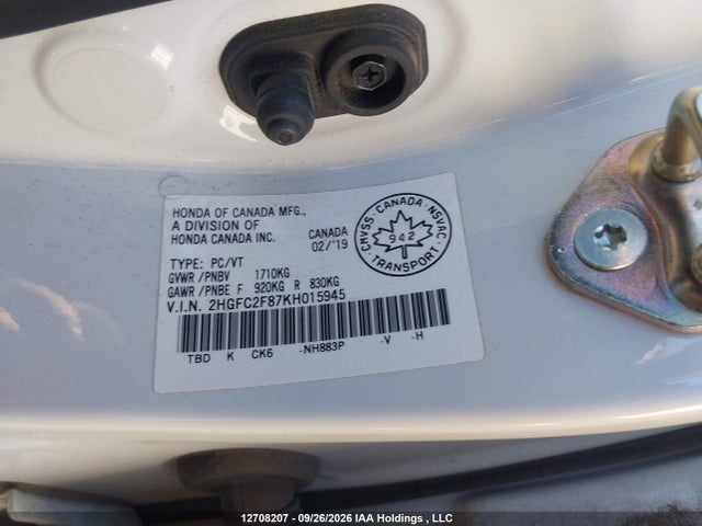 Продаж на аукціоні авто 2019 Honda Civic, vin: 2HGFC2F87KH015945, номер лоту: 12708207