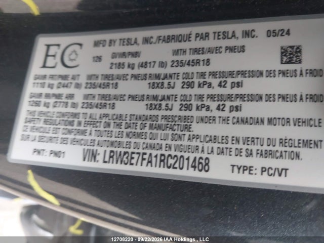 12708220 :رقم المزاد ، LRW3E7FA1RC201468 vin ، 2024 Tesla Model 3 Rwd مزاد بيع