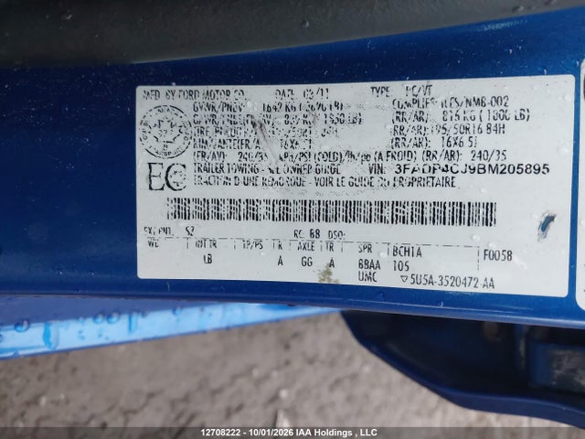 2011 Ford Fiesta Sel მანქანა იყიდება აუქციონზე, vin: 3FADP4CJ9BM205895, აუქციონის ნომერი: 12708222