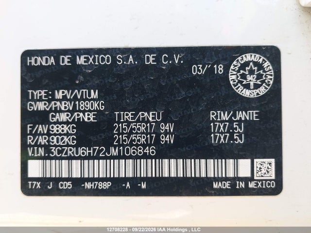 3CZRU6H72JM106846 Honda Hr-v Exl