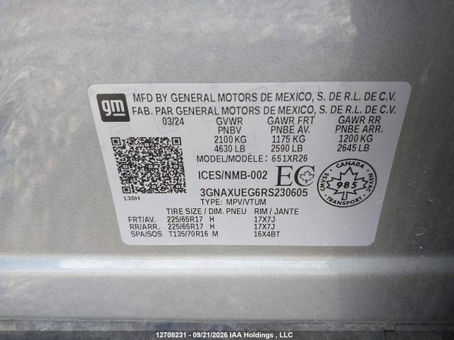 Продаж на аукціоні авто 2024 Chevrolet Equinox Lt, vin: 3GNAXUEG6RS230605, номер лоту: 12708231