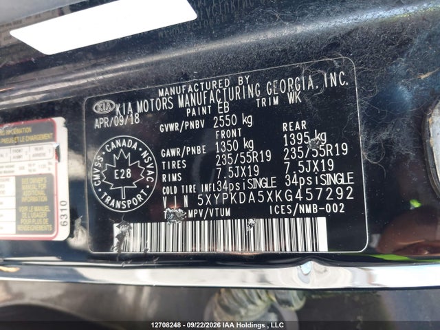 12708248 :رقم المزاد ، 5XYPKDA5XKG457292 vin ، 2019 Kia Sorento 3.3l Sx/3.3l Sxl مزاد بيع