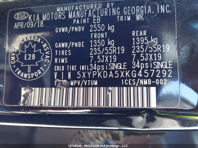 12708248 :رقم المزاد ، 5XYPKDA5XKG457292 vin ، 2019 Kia Sorento 3.3l Sx/3.3l Sxl مزاد بيع