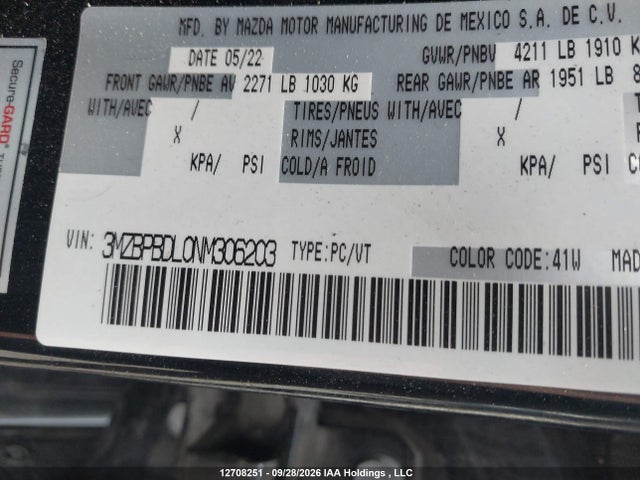 Aukcja sprzedaży 2022 Mazda Mazda3, vin: 3MZBPBDL0NM306203, numer aukcji: 12708251