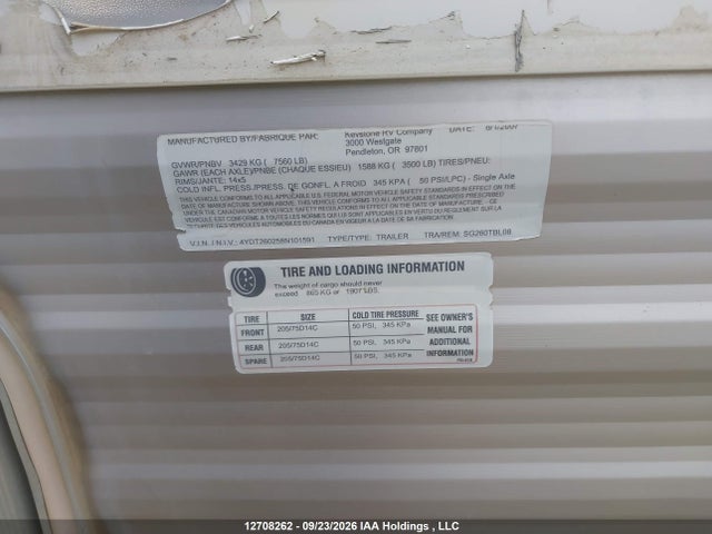 12708262 :رقم المزاد ، 4YDT260258N101591 vin ، 2008 Keystone Springdale مزاد بيع