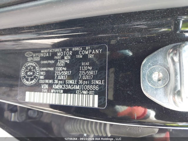 12708264 :رقم المزاد ، KM8K33AG4MU108886 vin ، 2021 Hyundai Kona Limited مزاد بيع