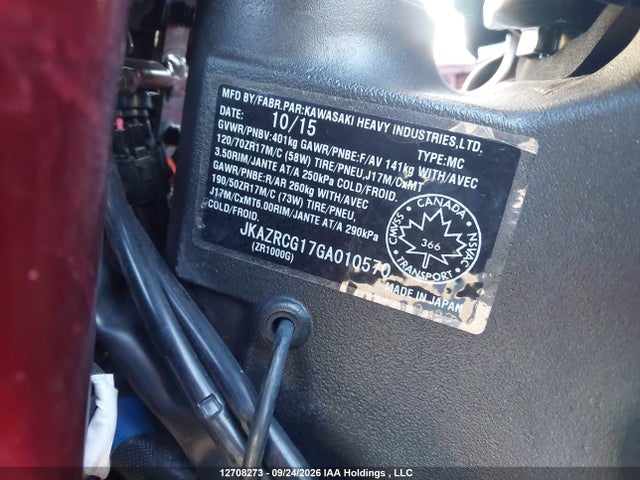 2016 Kawasaki Zr1000 G მანქანა იყიდება აუქციონზე, vin: JKAZRCG17GA010570, აუქციონის ნომერი: 12708273