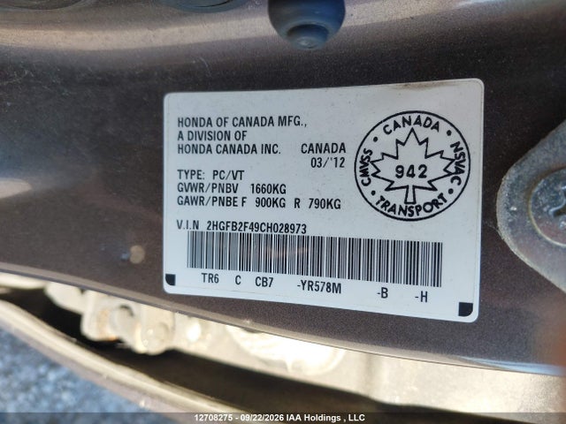 Aukcja sprzedaży 2012 Honda Civic, vin: 2HGFB2F49CH028973, numer aukcji: 12708275